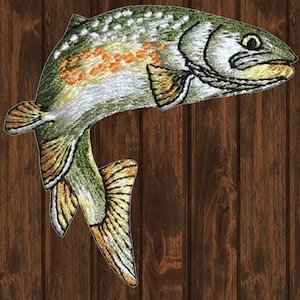 Süßwasserfisch Gestickter Aufnäher 6,5 cm Aufnäher, Goldenes Forellenangeln Abzeichen, Fischer Geschenk für Jacken & Taschen