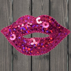 Pink Lips Sequin Embroidered Patch, 1.75&quot; Iron On Glam Applique, Face Mask Accessory, DIY Fashion Badge, Jacket Purse Clothing Decor
