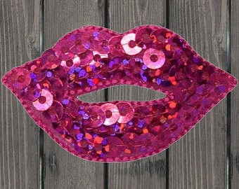 Aplique bordado com lantejoulas em formato de lábios rosa, 4,4 cm (1,75"), termocolante, acessório para máscara facial, emblema fashion DIY, decoração para jaqueta, bolsa e roupas.