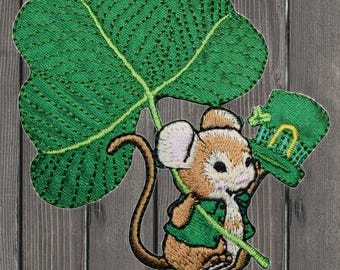 St Patrick's Day Mouse Embroidered Patch, 2-7/8" Iron On Shamrock Clover Applique Badge, Irish Jacket Backpack Hat Patch Gift
