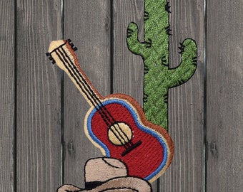 Cactus Applique Patch 3.25" Iron On, Western Badge with Acoustic Guitar & Cowboy Hat, Desert Theme Patch for Jackets, Backpacks, DIY Crafts