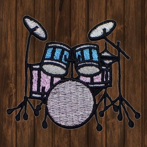 Blue and Pink Drum Set Embroidered Patch, 2.5&quot;, Iron On Music Instrument Applique for Jackets, Backpacks, Musicians, DIY Crafts