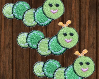 Mini Caterpillar Patch, Iron On, 1.25", 3-Pack, Bug Embroidery, Insect Applique, Cute Worm Patch, Nature Badge, Kids Jacket Patch