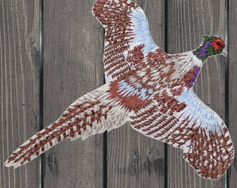 Ring necked pheasant embroidered patch iron on, flying bird badge applique, 2-7/8" x 2-1/2" collectible jacket backpack hat patch