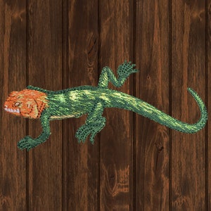 Shiny Green Orange Lizard Embroidered Patch, 4" Iron On Reptile Applique, Biology Badge, Herpetology Gift, DIY Patch for Jackets & Bags