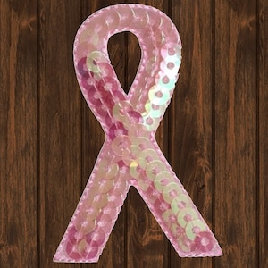 Pink Ribbon Iron On Patch 2&quot;, Sequin Breast Cancer Awareness Embroidered Applique Badge for Jackets, Bags, Hats, Survivor Support Gift