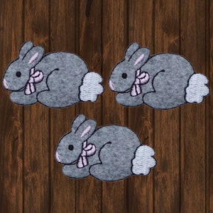 Baby Bunny Rabbit Embroidered Patch 3-Pack, 1.75" Iron On Cottontail Applique with Pink Bow, Cute DIY Baby Clothes or Easter Gift