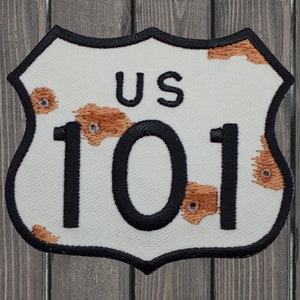 Highway 101 Embroidered Patch – Iron-On, California Oregon Washington Rusty Sign 2.88&quot; Collector Patch for Jackets, Bags, Hats, Souvenirs