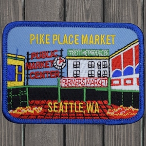 Seattle Embroidered Iron On Patch, Pike Place Market Washington State Souvenir Badge for Jackets, Bags, Backpacks, WA Patch 3.5&quot;