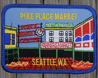 Seattle Embroidered Iron On Patch, Pike Place Market Washington State Souvenir Badge for Jackets, Bags, Backpacks, WA Patch 3.5"