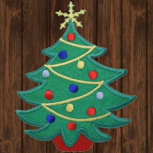 Christmas Tree Iron On Patch 3.5&quot;, Embroidered Holiday Applique Badge with Gold Star and Ornaments for Jackets, Bags, Festive Gift