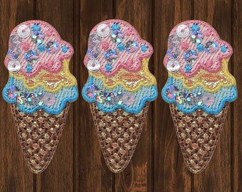 アイスクリーム アイロン接着パッチ 3枚パック スパンコール フローズンヨーグルト 刺繍アップリケバッジ ジャケット、帽子、バッグ用 かわいいデザートパッチ 2インチ