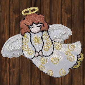 Angel Iron On Patch, Flying Praying Halo Embroidered Applique Badge for Jackets, Hats, Bags, Faith Spiritual Collectible Patch 2.1"