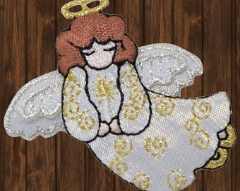 Angel Iron On Patch, Flying Praying Halo Embroidered Applique Badge for Jackets, Hats, Bags, Faith Spiritual Collectible Patch 2.1"