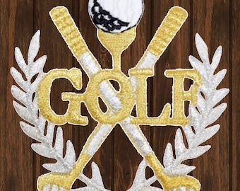 Patch bordado de golfe de 8,9 cm para passar a ferro, emblema de golfe dourado e prateado, patch de campo de golfe para camisas, bonés, bolsas, presente para entusiasta do golfe
