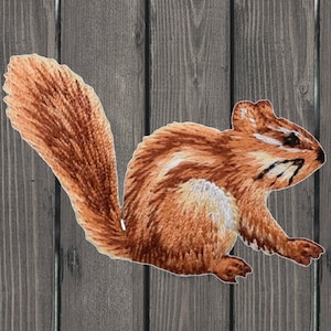 May include: A brown and white embroidered patch of a chipmunk with a bushy tail. The chipmunk is facing right and has a white stripe on its back.