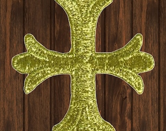 Gold Fleury Cross Patch 2", Patonce Embroidered Iron On Applique, Christian Symbol Patch for Jackets, Jesus Badge, Religious Craft Supply