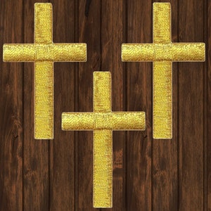 Medium Cross Embroidered Patch 3-Pack, 2&quot; Gold Christian Jesus Applique Badge, Iron On Religious Faith Patch for Jacket, Backpack, Hat