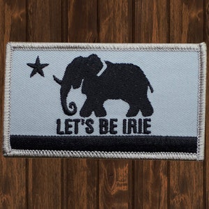 LET&#39;S BE IRIE Patch, 3.5&quot; Iron On, Reggae Elephant Applique, Jamaica Rasta Badge, California Flag Style, Gray Black Embroidered Patch