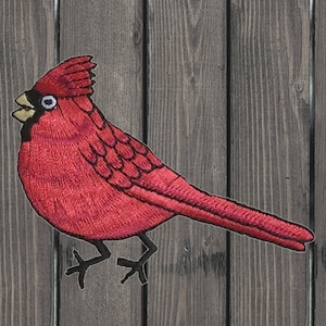 Cardinal Iron On Patch, Red Male Bird Facing Left Applique Badge for Jackets, Hats, Bags, Birdwatching Collectible Patch 2.375&quot;
