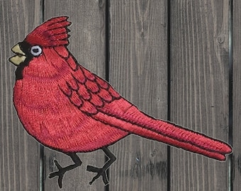 Cardinal Iron On Patch, Red Male Bird Facing Left Applique Badge for Jackets, Hats, Bags, Birdwatching Collectible Patch 2.375"