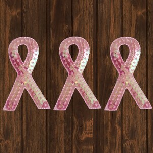 Pink Ribbon Iron On Patch, Sequin Breast Cancer Awareness Badge, 2&quot; Embroidered 3-Pack, Support Gift for Jackets, Bags, Hats, Clothes