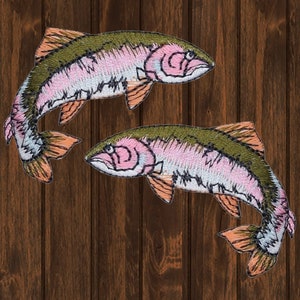 Rainbow Trout Iron On Patch 2-Pack 2.125&quot;, Embroidered Fish Applique Badges for Fishermen, Jackets, Hats, Outdoor Gear, Angler Gift