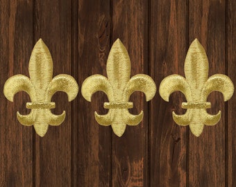 Medium gold fleur de lis patch, 3-pack iron on applique, metallic cross patch, elegant jacket accessory, DIY craft patch, collectible badge