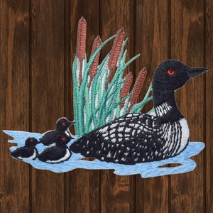 Divers Loon Embroidered Patch | 3.25” Iron-On Duck and Chicks Applique, Wildlife Pond Scene for Jackets & Backpacks