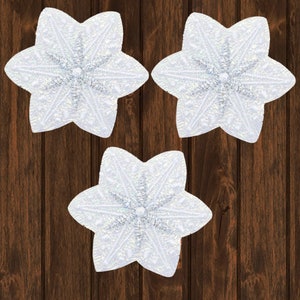 May include: Three white, sparkly, star-shaped decorations with a snowflake design. The decorations are on a brown wooden background.