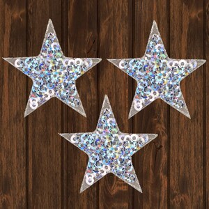 Sequin Star Embroidered Patch, 3 Pack, Iron On, Silver Badge Applique, 1.5 Inch Sparkly Patch for Jacket Hat Bag, Glitter Fashion Gift