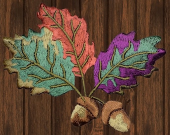 Acorns and Fall Leaves Embroidered Patch, 3.625" Iron On Autumn Applique, Thanksgiving Badge, DIY Jacket Craft, Seasonal Outfit Decor