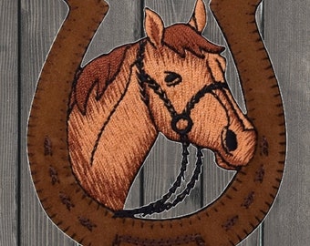 Horse Embroidered Patch, 3.5" Iron On, Suede Horseshoe Cowboy Badge, Western Equestrian Applique, Rodeo Jacket Patch, DIY Denim Accessory