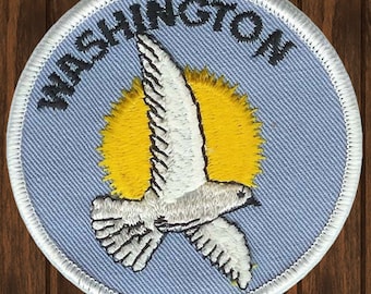 Vintage Washington Sew On Patch, Seagull Sun Seattle Tacoma Badge, 3" Embroidered Collectible State Souvenir, for Jackets, Bags