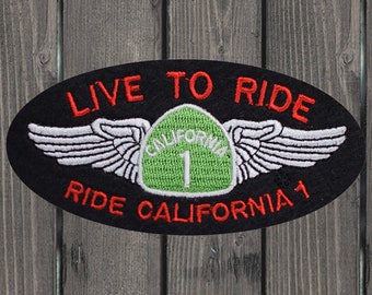 California Hwy 1 Embroidered Patch, Iron On Live to Ride Biker Badge 4", Motorcycle Applique for Jackets, Backpacks, and Vests