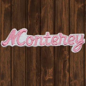 Vintage Monterey Embroidered Patch, 4.5" Iron On Pink White California Beach Aquarium Ocean Badge, Coastal Souvenir Jacket Hat Patch