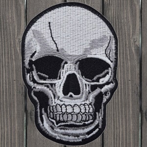 Medium White Skull Patch, 3&quot; Iron On Embroidered Human Skeleton Head, Punk Applique for Jackets, DIY Goth Patch, Creepy Collectible