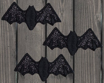 Black Bat Embroidered Patch, 3-Pack Iron-On, Sparkly Halloween Applique for Jackets, Backpacks, Costumes and DIY Crafts