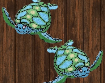 Sea Turtle Embroidered Patch Set, 2-Pack 2.625" Iron On Ocean Animal Applique, Marine Life Badge, Coastal DIY Jacket or Bag Decor