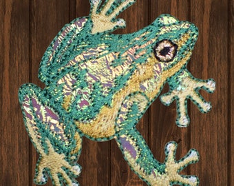 Glänzender Frosch gestickter Aufnäher, 5,8 cm Aufnäher zum Aufbügeln für Naturliebhaber, Jacken, Rucksäcke, Hüte, DIY Craft oder Sammlerdekor