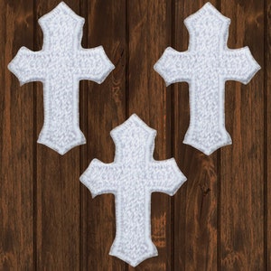 Mini Cross Embroidered Patch 3-Pack, 1.25&quot; White Iron On Religious Jesus Applique Badge for Jackets, Hats, Church Crafts, Faith Decor