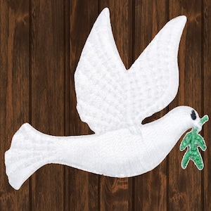Peace Dove Embroidered Patch 2.1&quot; Iron On, Olive Branch Applique, Christian Symbol Badge, Bird Patch, Gift for Peace Lover, Jacket Decor
