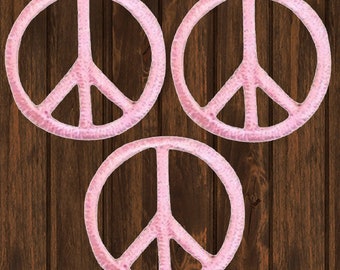 Parches bordados con el símbolo de la paz (paquete de 3), 2,5 cm, termoadhesivos, color rosa, para chaquetas, mochilas, vaqueros, manualidades retro y decoración hippie.