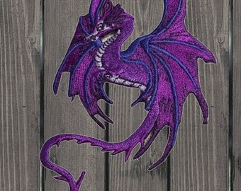 Fantasy Dragon Patch 4", Iron On Purple Dragon Applique, Good Luck Power Strength Badge, Facing Left, Embroidered Mythical Creature