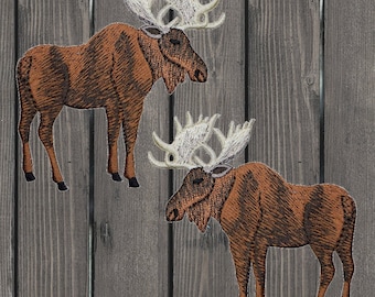 Moose Embroidered Patch, Iron On, 2-Pack Applique Badge, Forest Animal Gift, Nature Lover Patch for Jacket Bag Hat, 3" Moose Pair Set