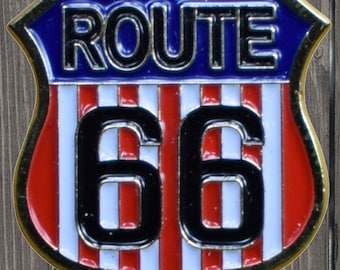 American Flag Route 66 Pin | USA Red White and Blue Highway Sign Lapel Pin for Hats, Jackets & Backpacks