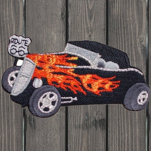 Hot Rod Iron On Patch, Route 66 Ford Hi-Boy Classic Car Embroidered Vintage Americana Applique Badge, for Jackets, Hats, Backpacks, 3.5&quot;