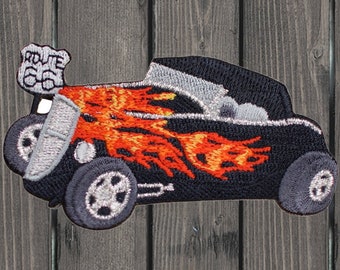 Hot Rod Iron On Patch, Route 66 Ford Hi-Boy Classic Car Embroidered Vintage Americana Applique Badge, for Jackets, Hats, Backpacks, 3.5"