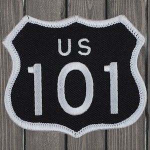 Highway 101 Embroidered Patch, 2.875&quot; Iron On White Black California Oregon Washington Badge for Jackets, Backpacks, Hats, Collectible