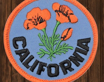 California Poppy Embroidered Patch, Iron-On State Flower Applique, Golden State Badge for Jackets, Backpacks and DIY Crafts